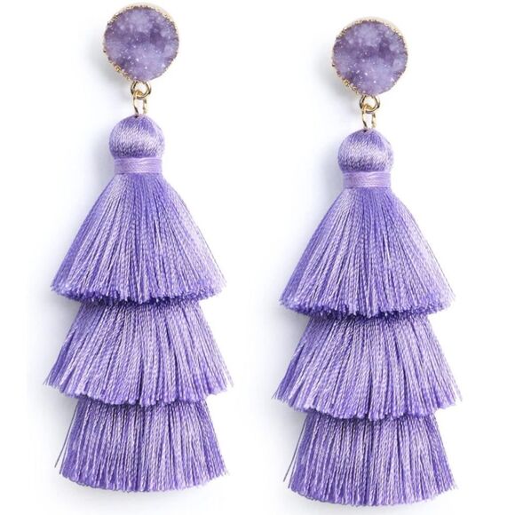 14K Yellow Gold with Lavender Silk Thread Tassel and Quartz Druzy Post Earrings - Picture 1 of 8